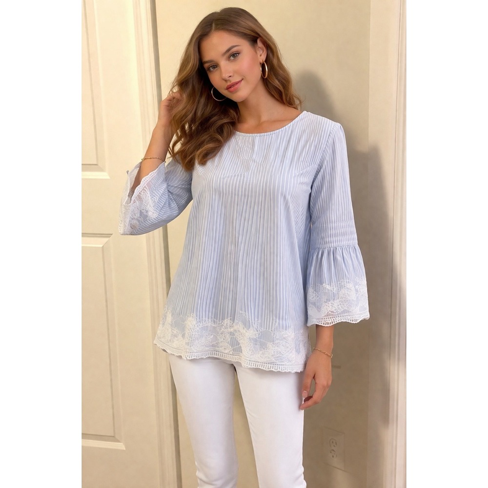 Blue White Striped Lace Trim Bell Sleeve‎ Open Back Tie Blouse Top